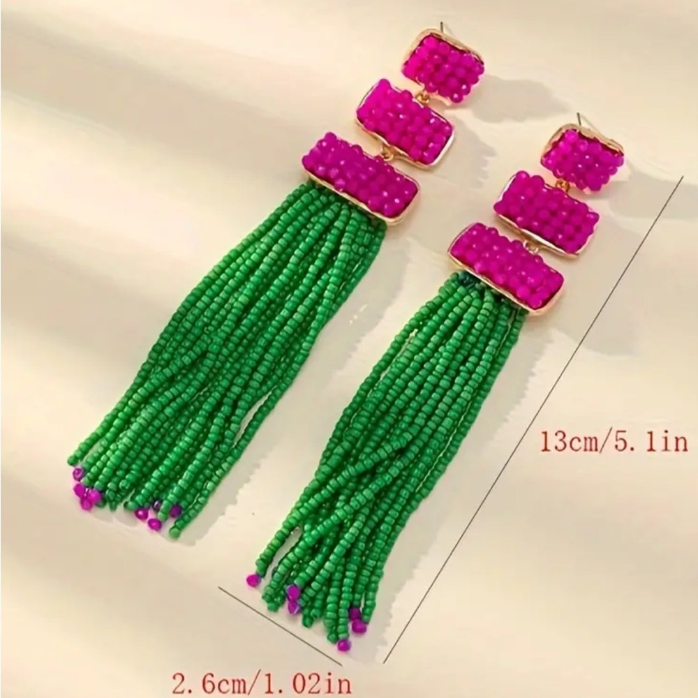 Green Beaded Tassel Dangle Earrings - Picture 4 of 4